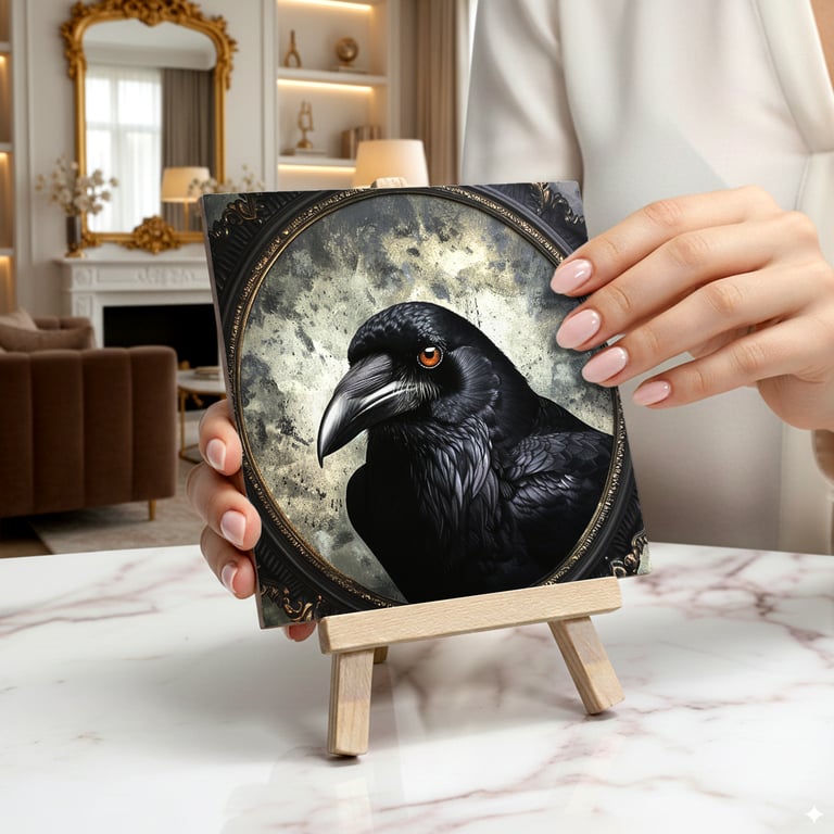 The Crow Ceramic Tile Art On Easel - Gothic Home Decor - Room Decor