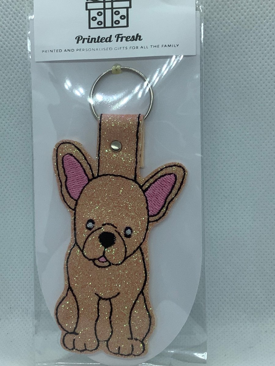Embroidered Glitter Faux Leather French bulldog  key ring