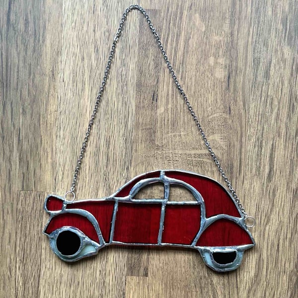 Red 2CV glass hanging ornament - quirky!