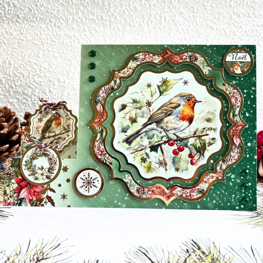 Christmas Stepper Card With Robin In Green, Noel, Blank