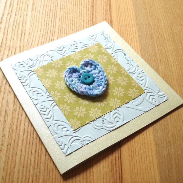 Green and Blue Crochet Heart Birthday Anniversary Greetings Card