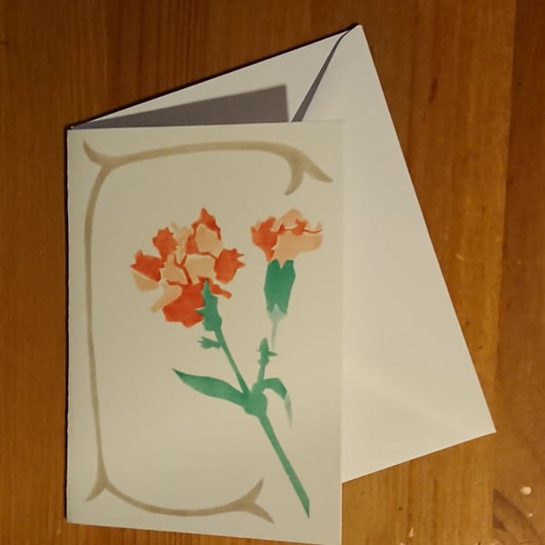 Carnation card, test print with paper info on back