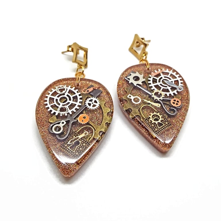 Golden Steampunk Resin Earrings, Handmade with Holographic Glitter