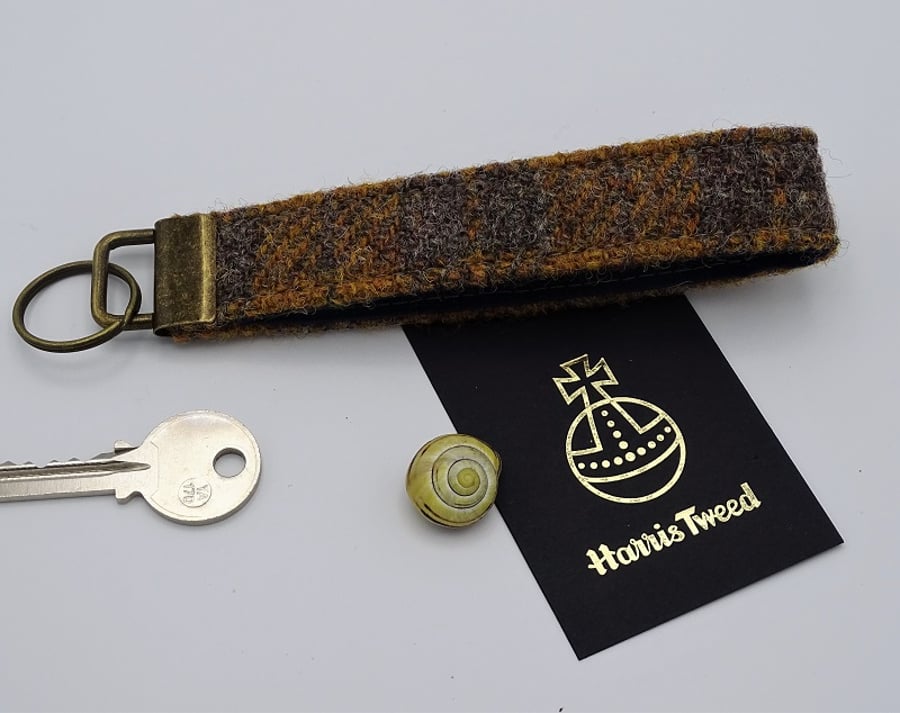 Harris Tweed key fob wrist strap in pewter and mustard check