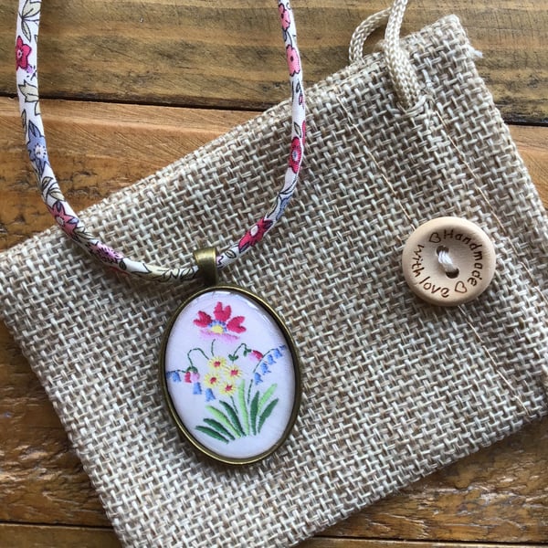 Embroidery print Liberty cord bronze pendant necklace