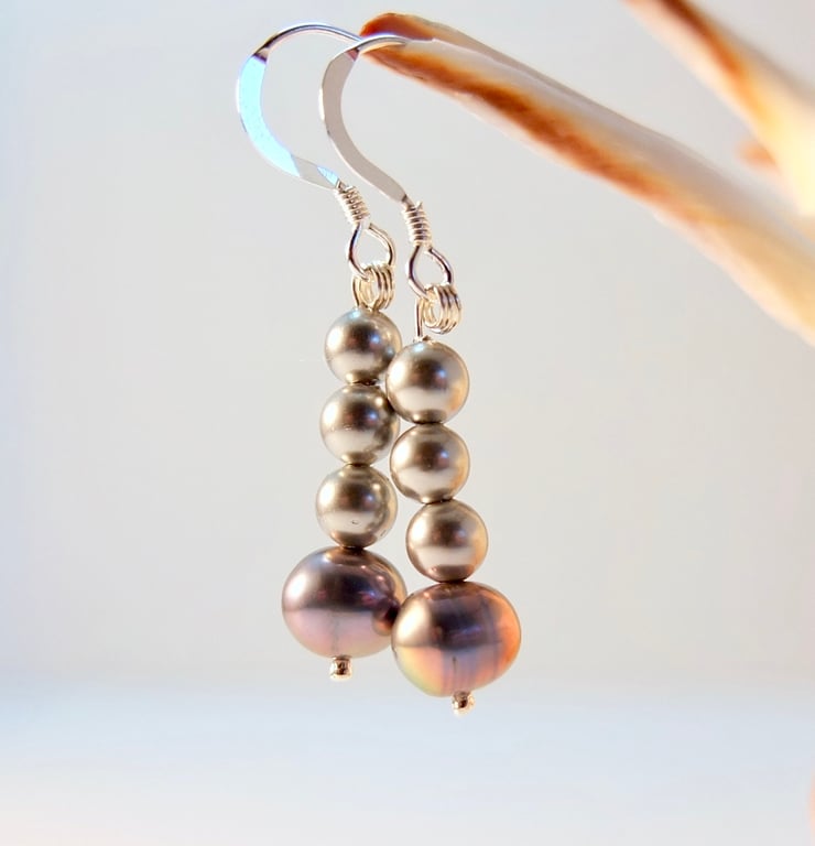 Pearl Earrings, Freshwater Pearl, Shell Pearl & Sterling Silver, June Birthstone