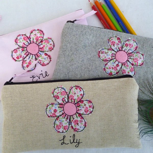 Flower Cosmetic Bag - Personalised Makeup or brush holder with Floral Applique