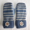 Mittens Created from Up-cycled Wool Jumpers.Fully Lined. Blue Grey Stripe