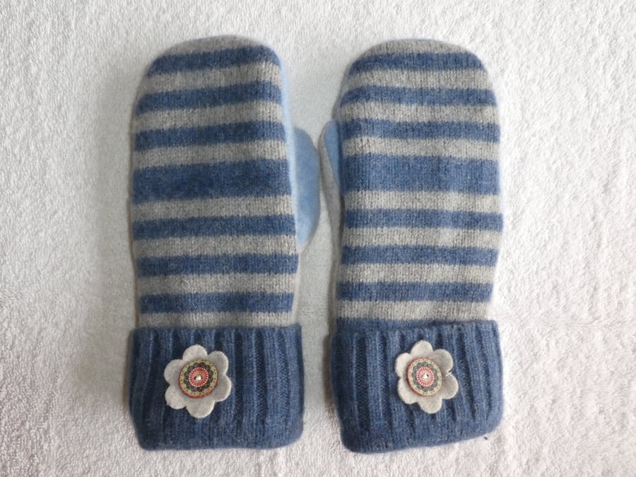 Mittens Created from Up-cycled Wool Jumpers.Fully Lined. Blue Grey Stripe