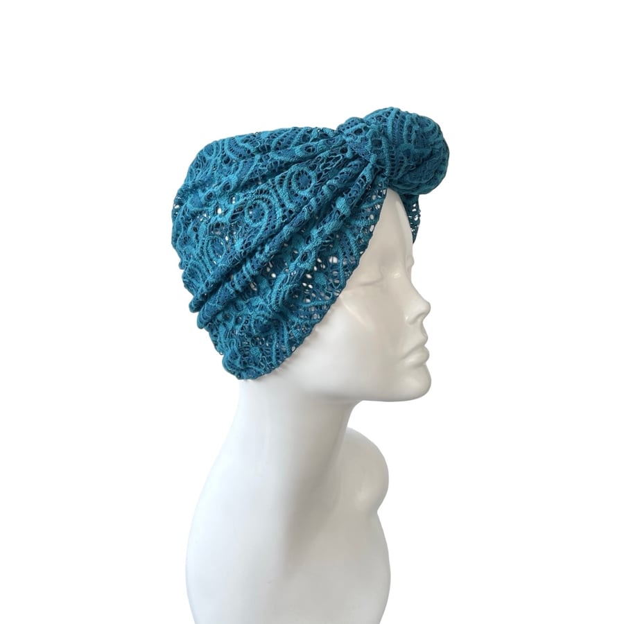 Teal Lace Turban Hat for Women Soft Thin Hair Loss Summer Prettied Head Scarf