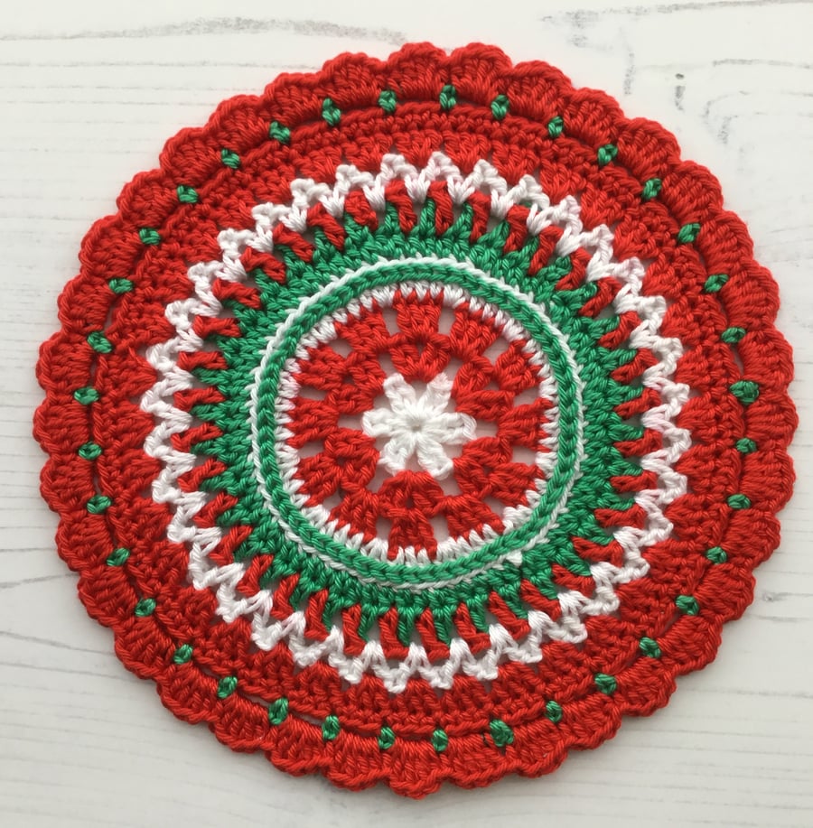 Crochet Mandala Table Mat in Red, White and Green