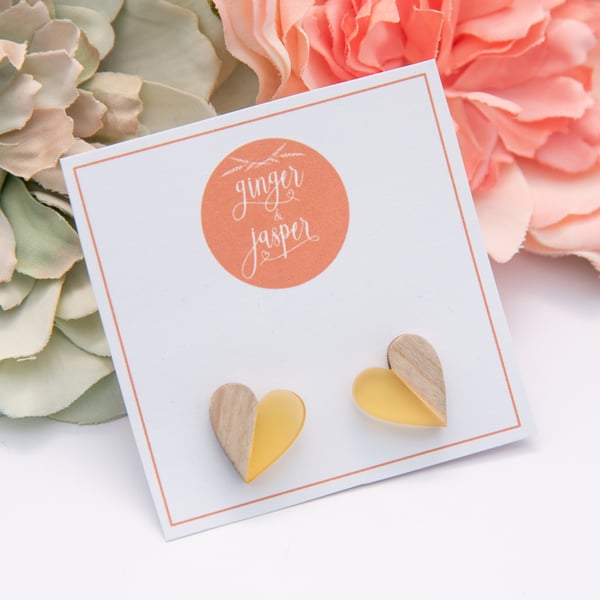 Yellow Resin & Wood Heart Earrings, Wooden Heart Studs, Yellow Hearts