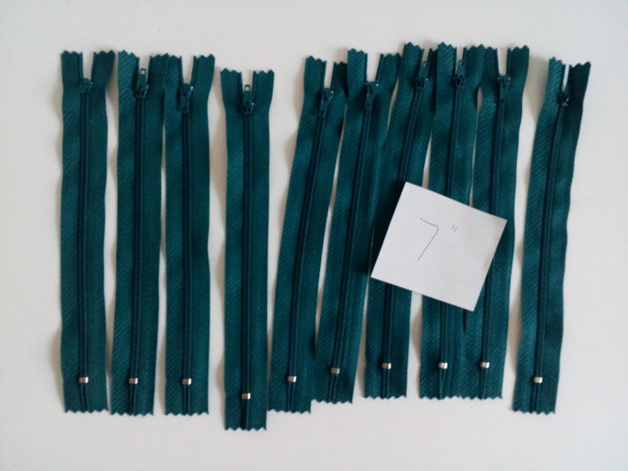 Zip, Pack of 10 dark teal 7" zips,  teal, zip, 7" zip, 18 cm zip, nylon zip, 