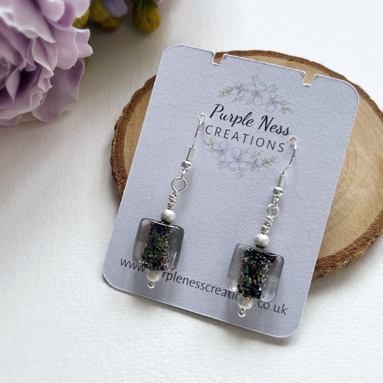 Black Glitter Dichoric Glass Beaded Earrings