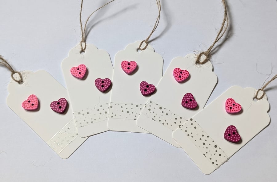 Homemade gift tags made with buttons in packs of 5 - pink and purple hearts