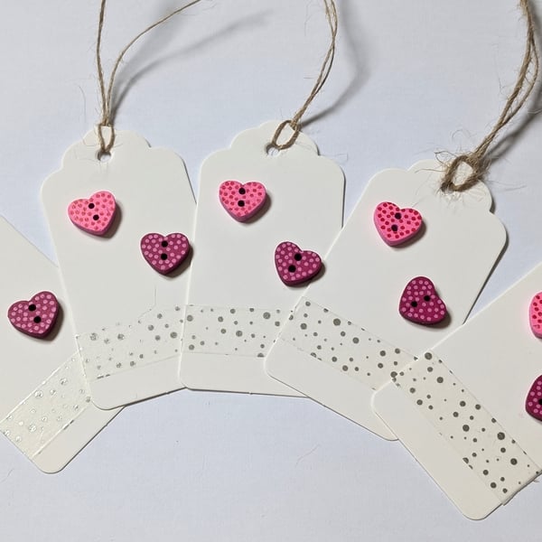 Homemade gift tags made with buttons in packs of 5 - pink and purple hearts