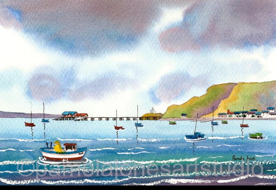 Boats in The Bay, Mumbles, Swansea, South Wales, Watercolour Print in 14 x 11'' 