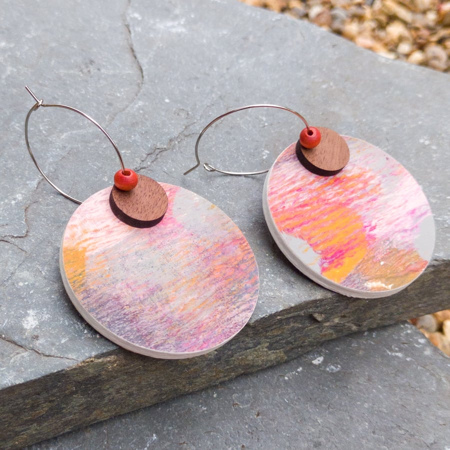 Unique hand printed dangly wooden earrings in pink, mustard and grey