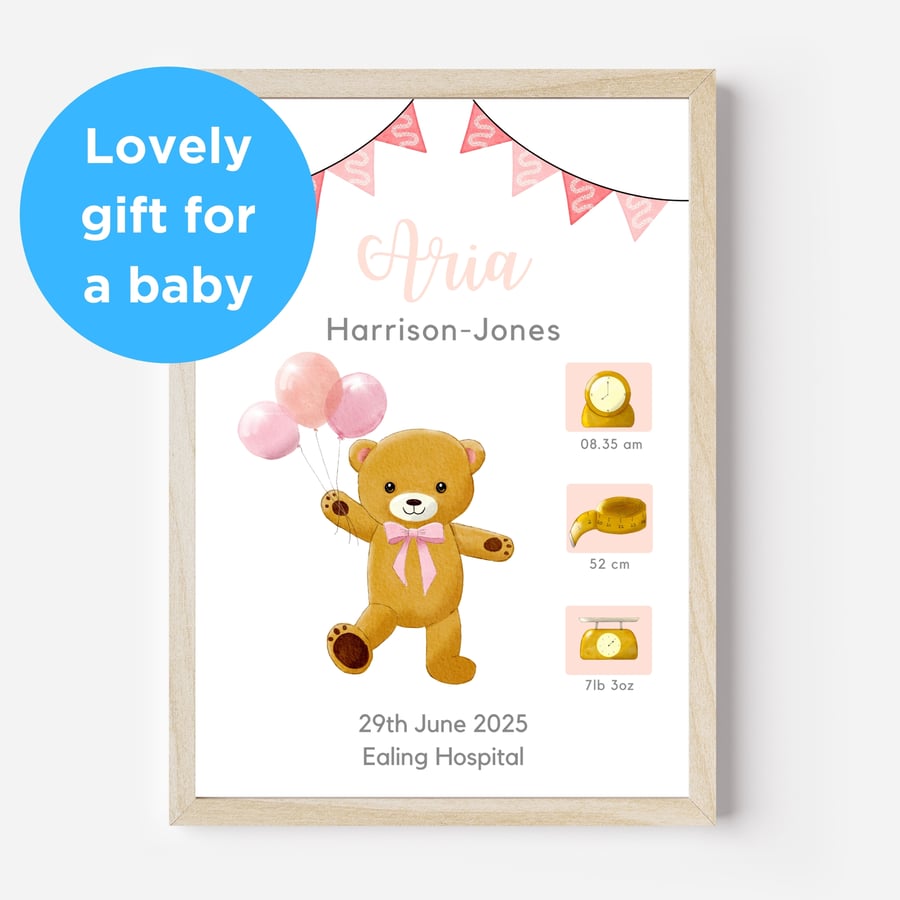 Teddy teddy pink nursery wall art print with babys name and birth details