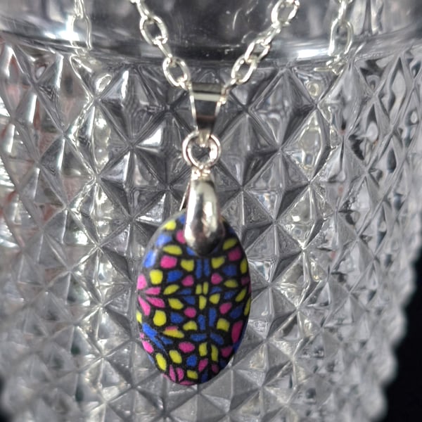 Polymer clay stained glass inspired drop oval necklace on a silver plated chain