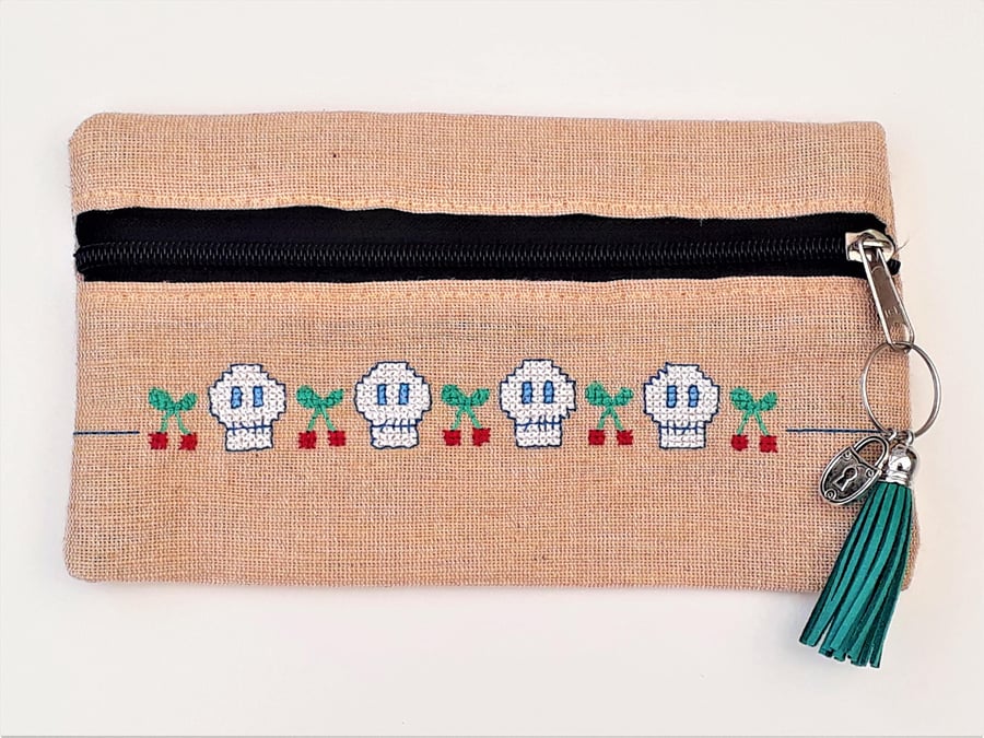 Cross Stitch Skull & Cherries Zip up bag with Tassel