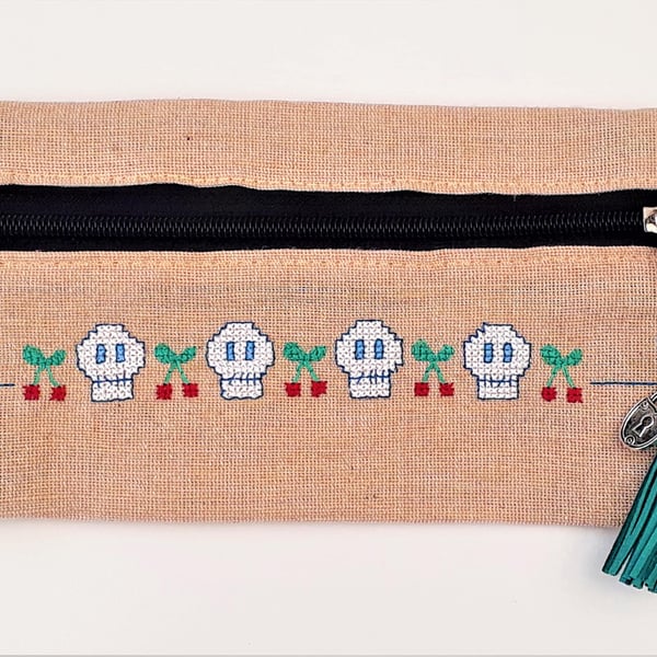 Cross Stitch Skull & Cherries Zip up bag with Tassel