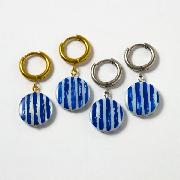 Circle Earrings Stripes Huggie Earrings Charm Stripy Blue Earrings Huggie Silver
