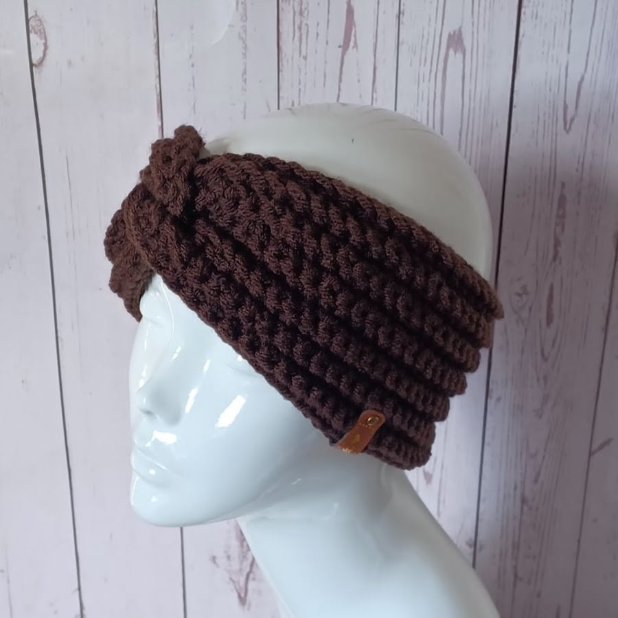 Crochet twisted headband, classic dark brown chunky ear warmer