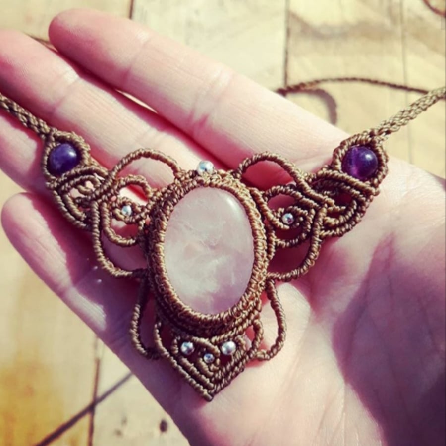 Rose Quartz and Amethyst Macrame Necklace 