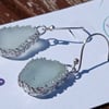 Pale Aqua Seaglass Earrings with Ornate Sterling Silver 925 Leaves & Earwires