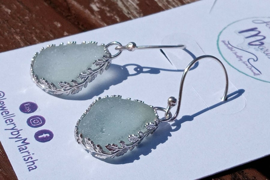Pale Aqua Seaglass Earrings with Ornate Sterling Silver 925 Leaves & Earwires