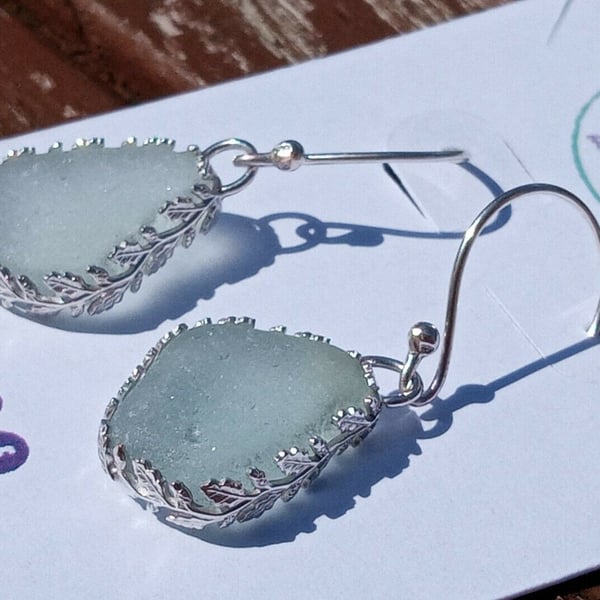 Pale Aqua Seaglass Earrings with Ornate Sterling Silver 925 Leaves & Earwires