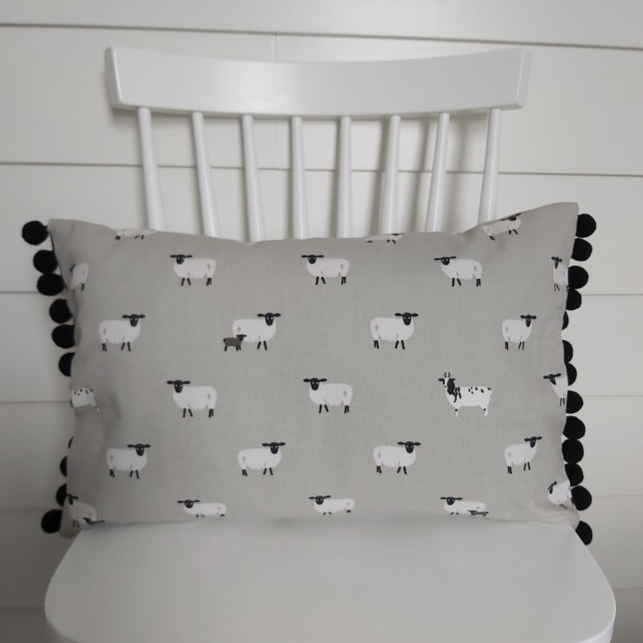 Sophie Allport Sheep   Cushion Cover with Black Pom poms