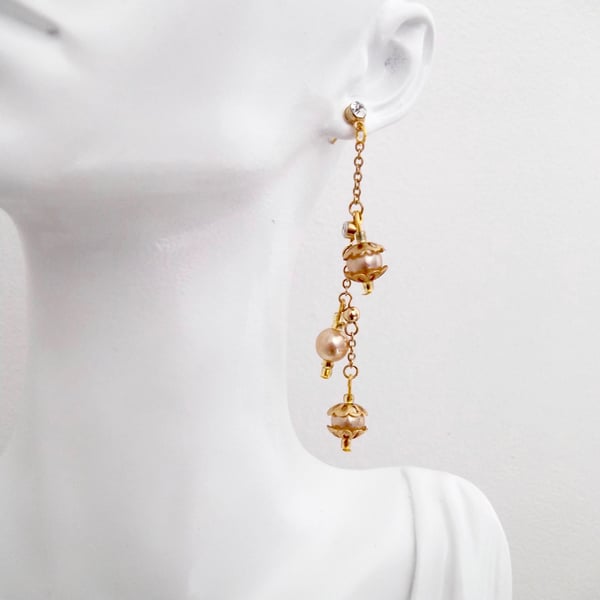 Pearl and Cubic Zirconia Gold Coloured Metal Chain Dangle Drop Earrings