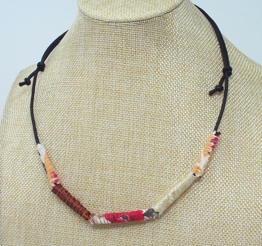 Fabric bead necklace with waxed cotton cord - Kanani