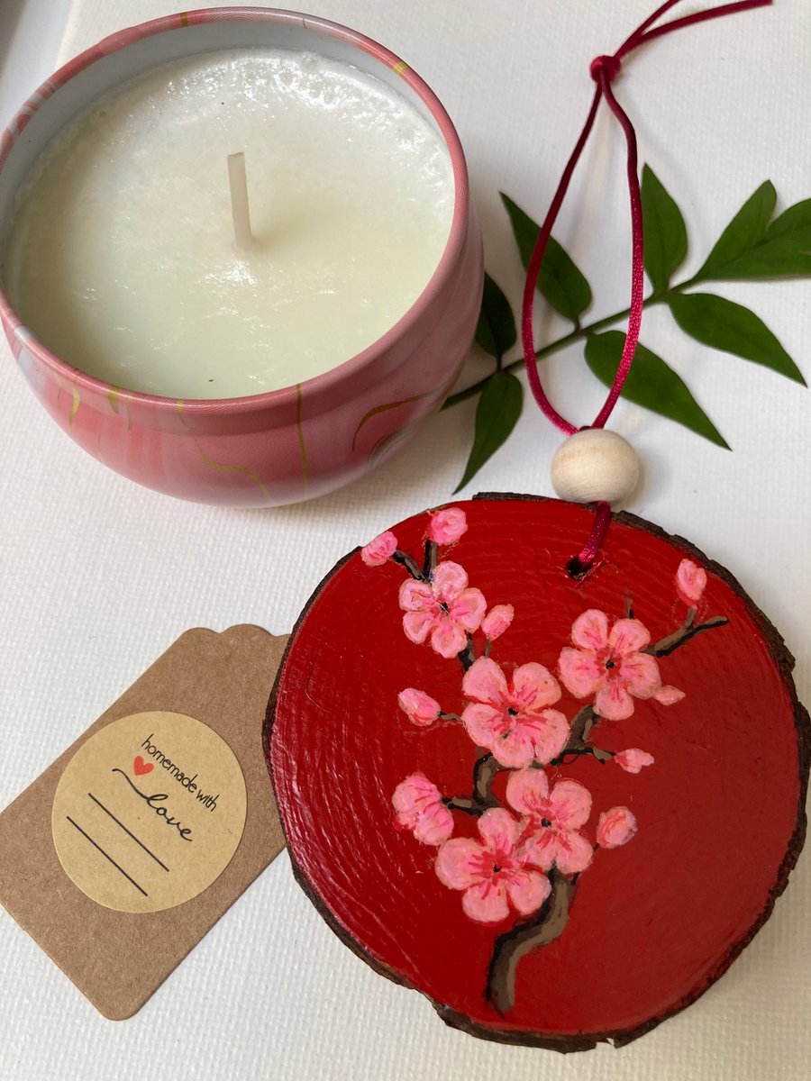  Hand Painted Cherry Blossom  Fridge Magnet Wood Slice Hanging Decoration