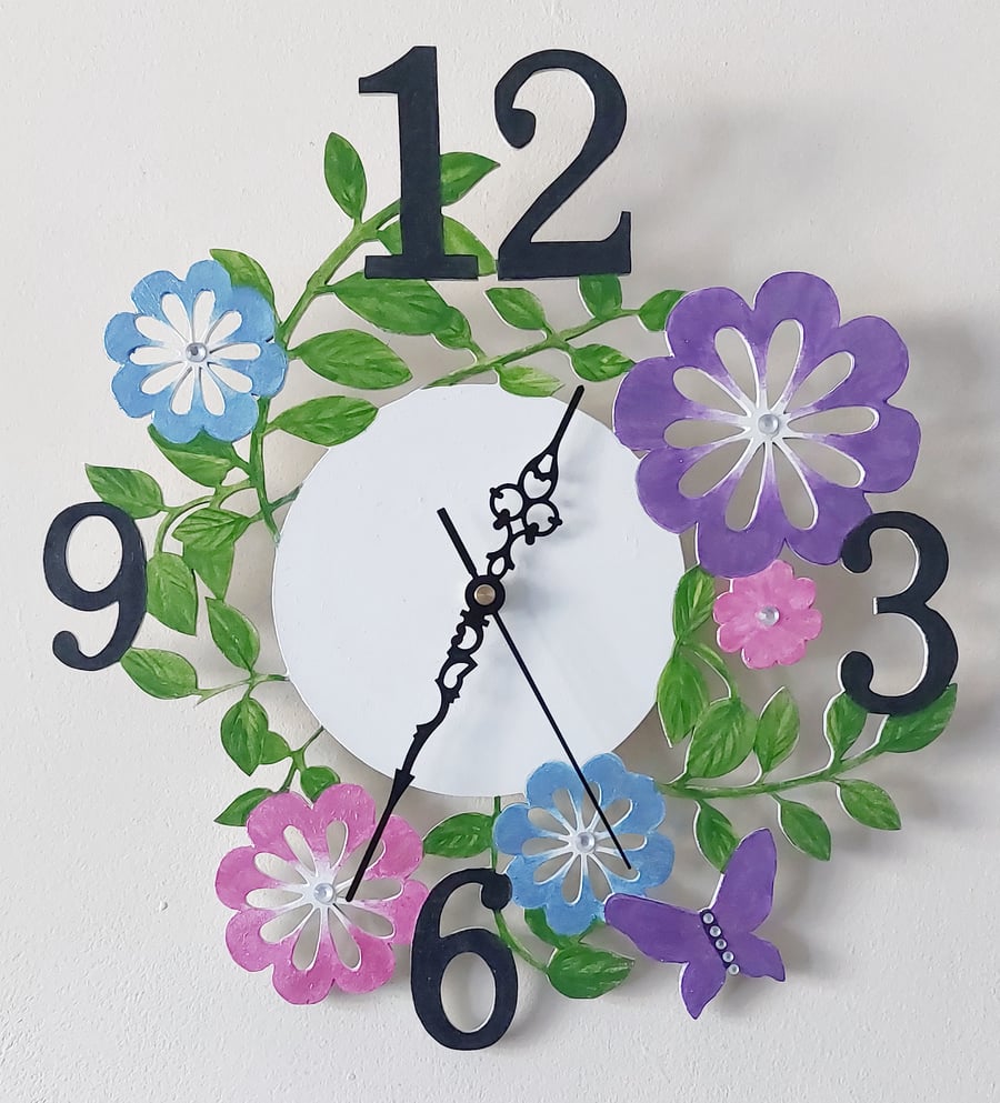 Handpainted floral and butterfly wall clock