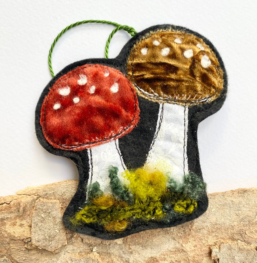 Upcycled embroidered woodland mushrooms home decoration. 