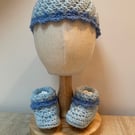 Blue baby hat and bootie set.