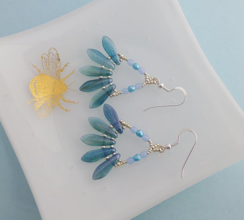 Ocean Blue and Green Triangular Beaded Drop Earrings