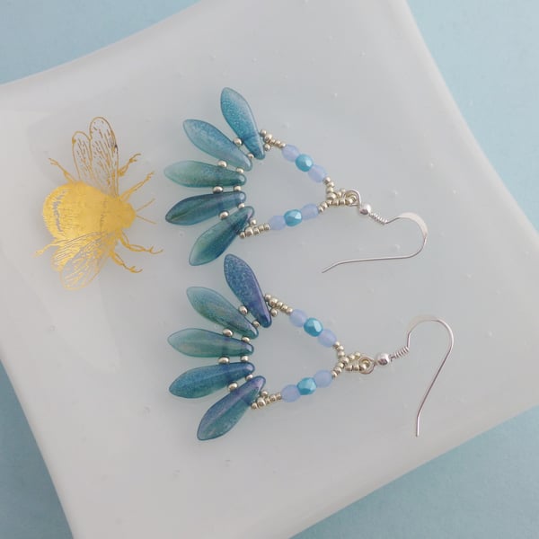 Ocean Blue and Green Triangular Beaded Drop Earrings
