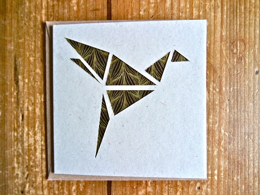 Card with origami style bird gold brown
