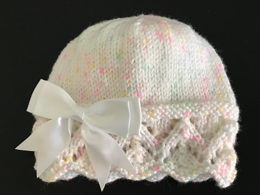 Hand Knitted White Pastel mix Sparkle Girl's Hat, Size 0 - 3 Months