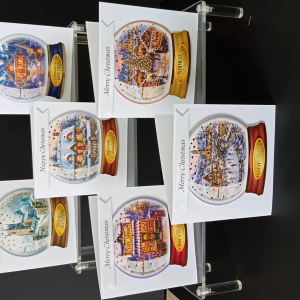 6 x Handmade Village Snowglobe Christmas Cards.