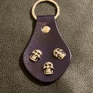 Dark Purple Leather Keyring - 3 Grinning Skull Heads - FREE SHIPPING