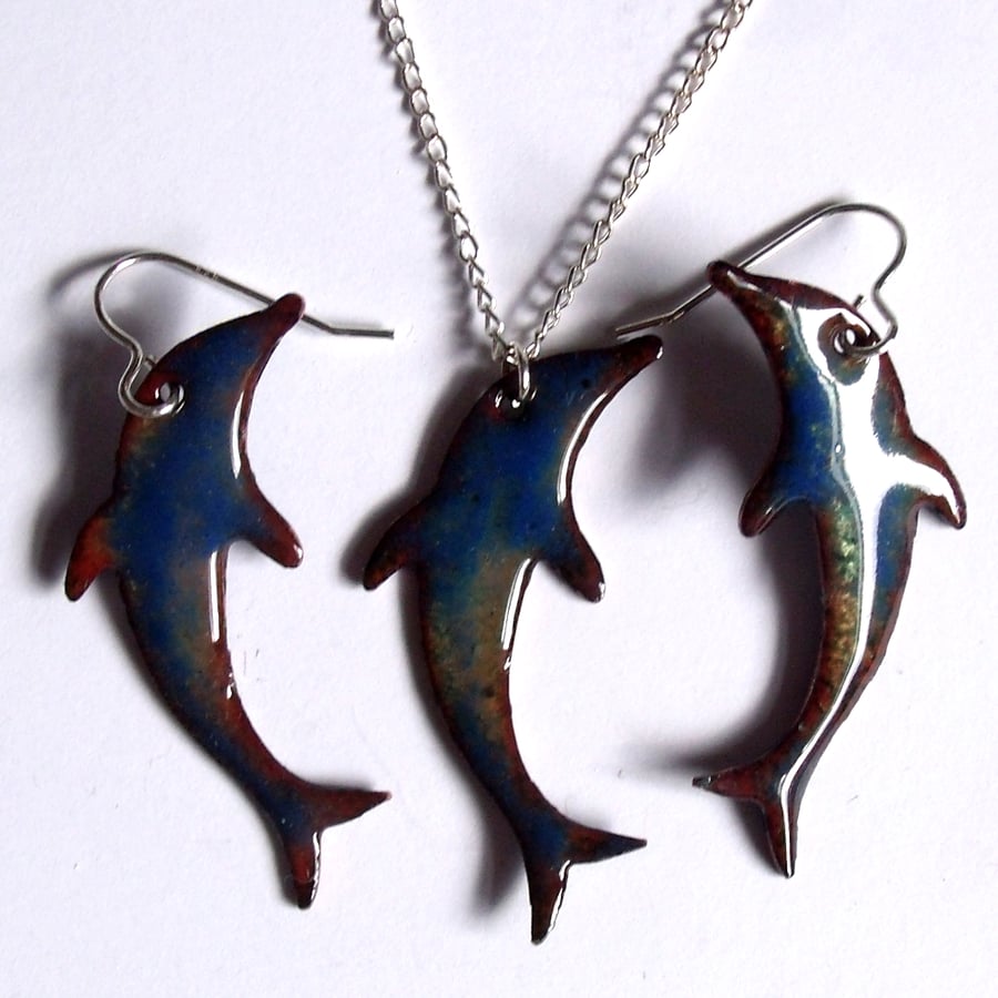 blue dolphin set - enamelled earrings and necklace