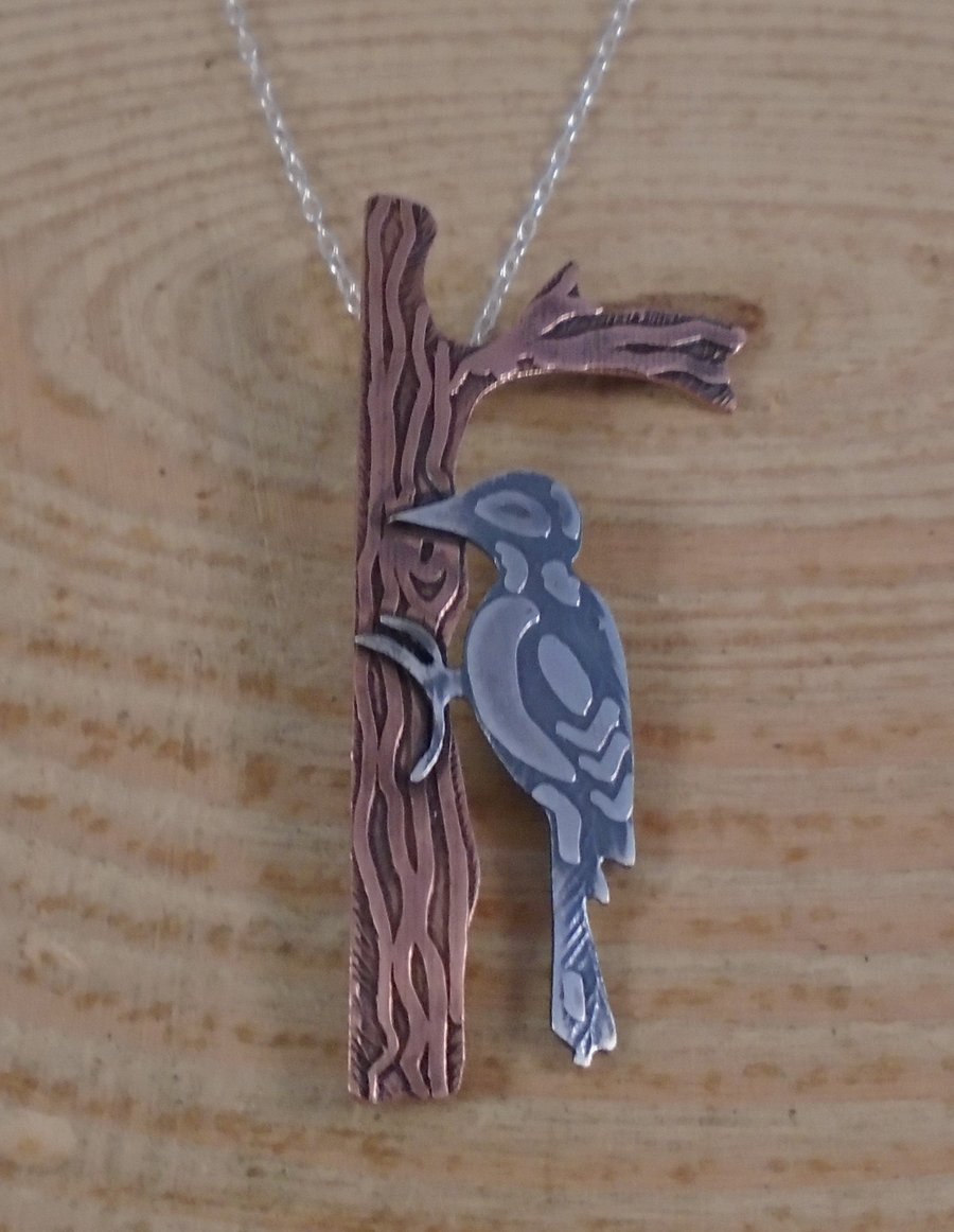 Sterling Silver and Copper Woodpecker Necklace