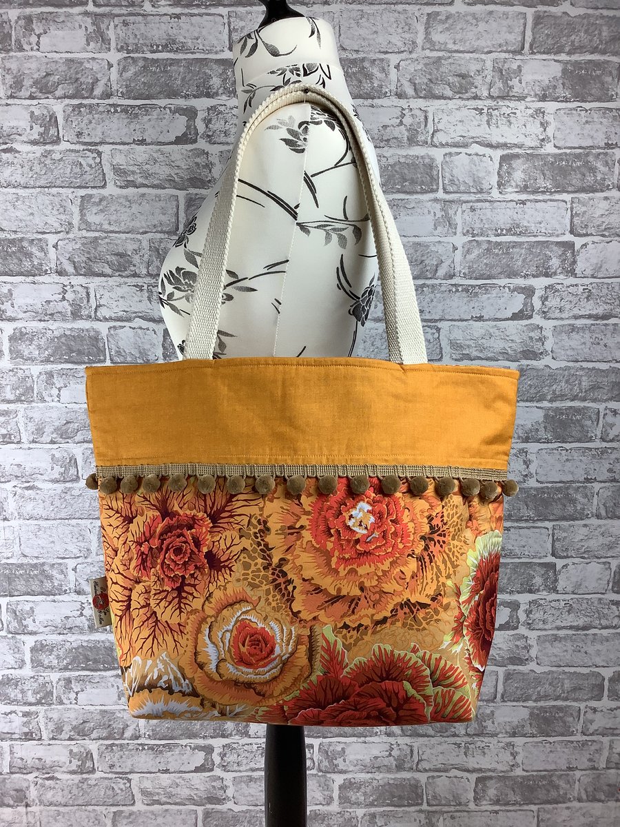 Floral tote bag, Pom pom floral beach bag, Handmade