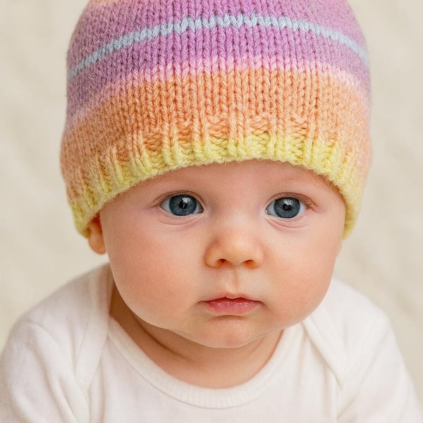 Hand Knitted Baby Hat for Girls, Pastel Stripes, Newborn Essential, Winter 