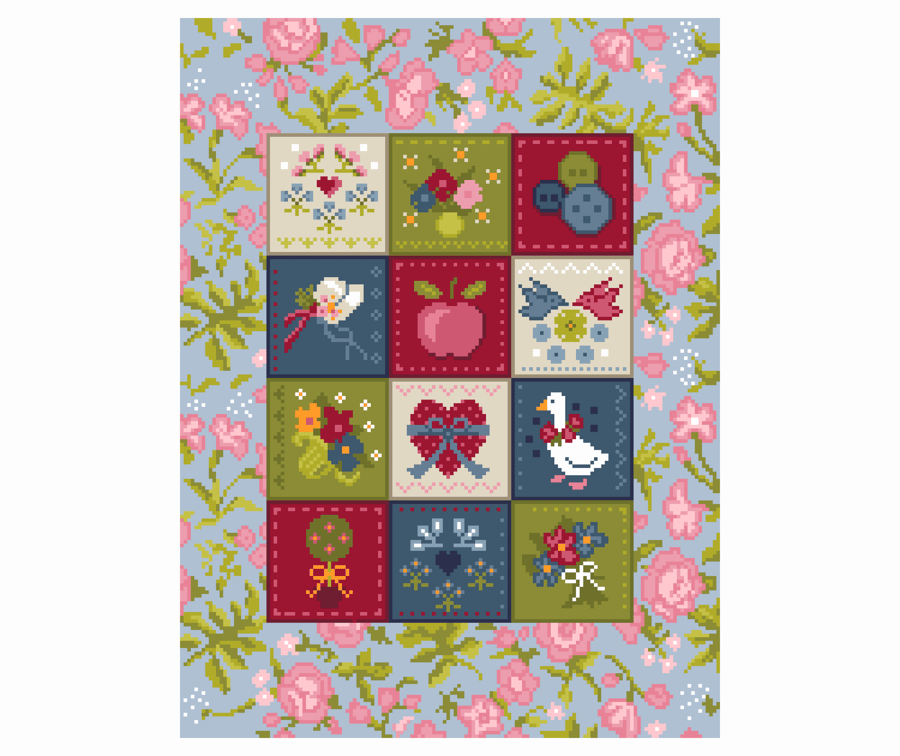 162A Cross Stitch Pattern Patchwork Quilt Americana Block Floral Bows Buttons
